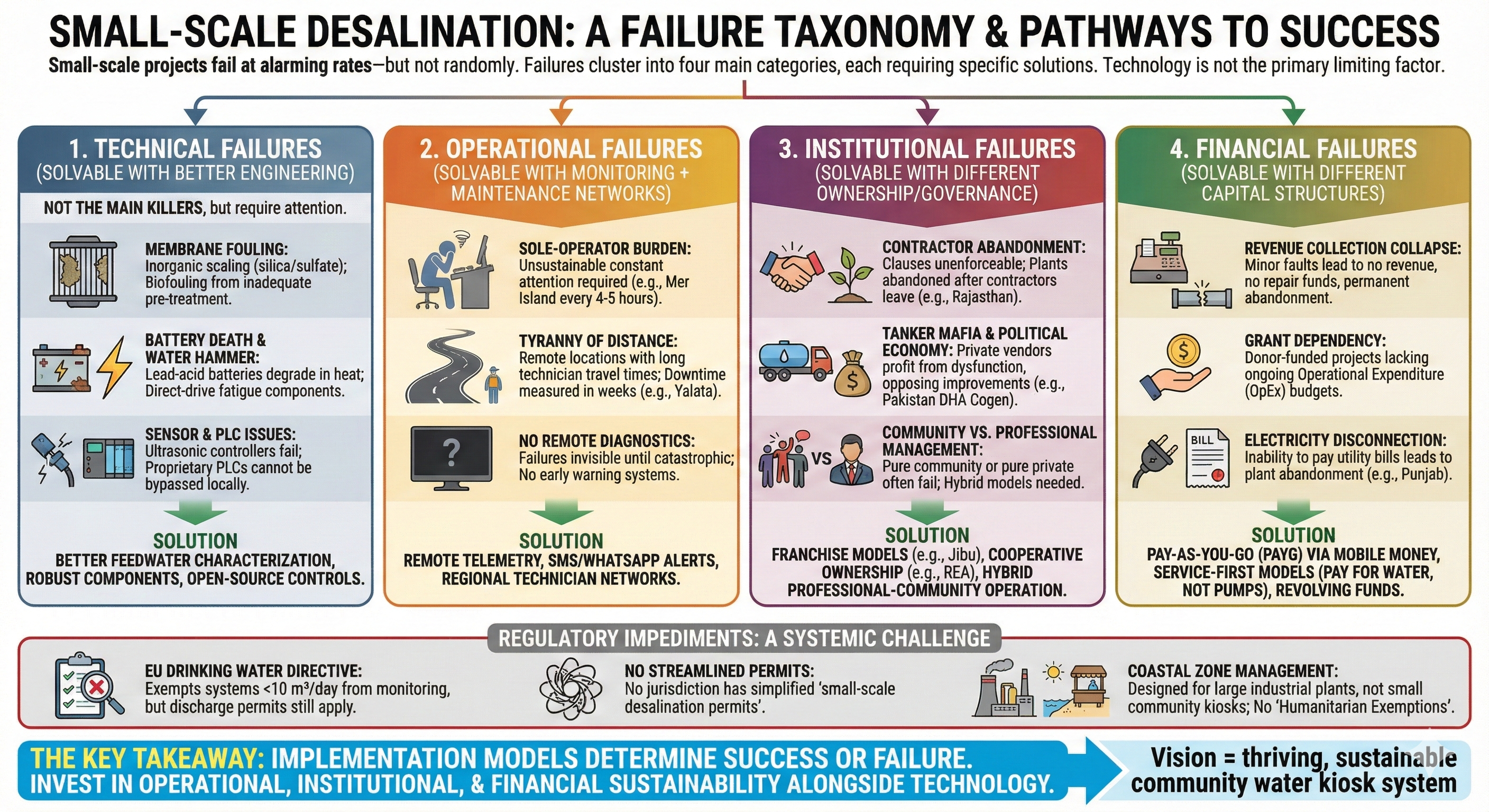 Infographic showing four categories of small-scale desalination failures: Technical (membrane fouling, battery death, sensor issues), Operational (sole-operator burden, distance, no remote diagnostics), Institutional (contractor abandonment, tanker mafia, community vs professional management), and Financial (revenue collapse, grant dependency, electricity disconnection). Each category has corresponding solutions.