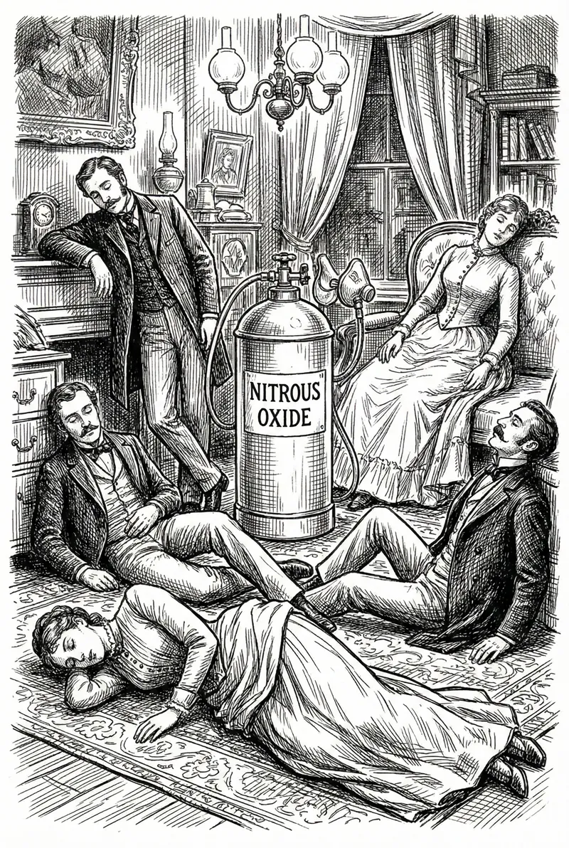 Historical illustration of a laughing gas party