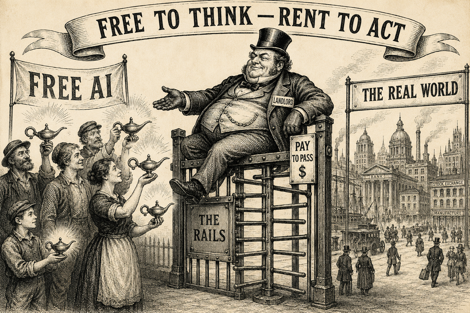 Free to Think, Rent to Act — a crowd holds up free lamps of AI but a fat top-hatted landlord on a tollgate marked "the rails" charges each of them to pass through into "the real world".